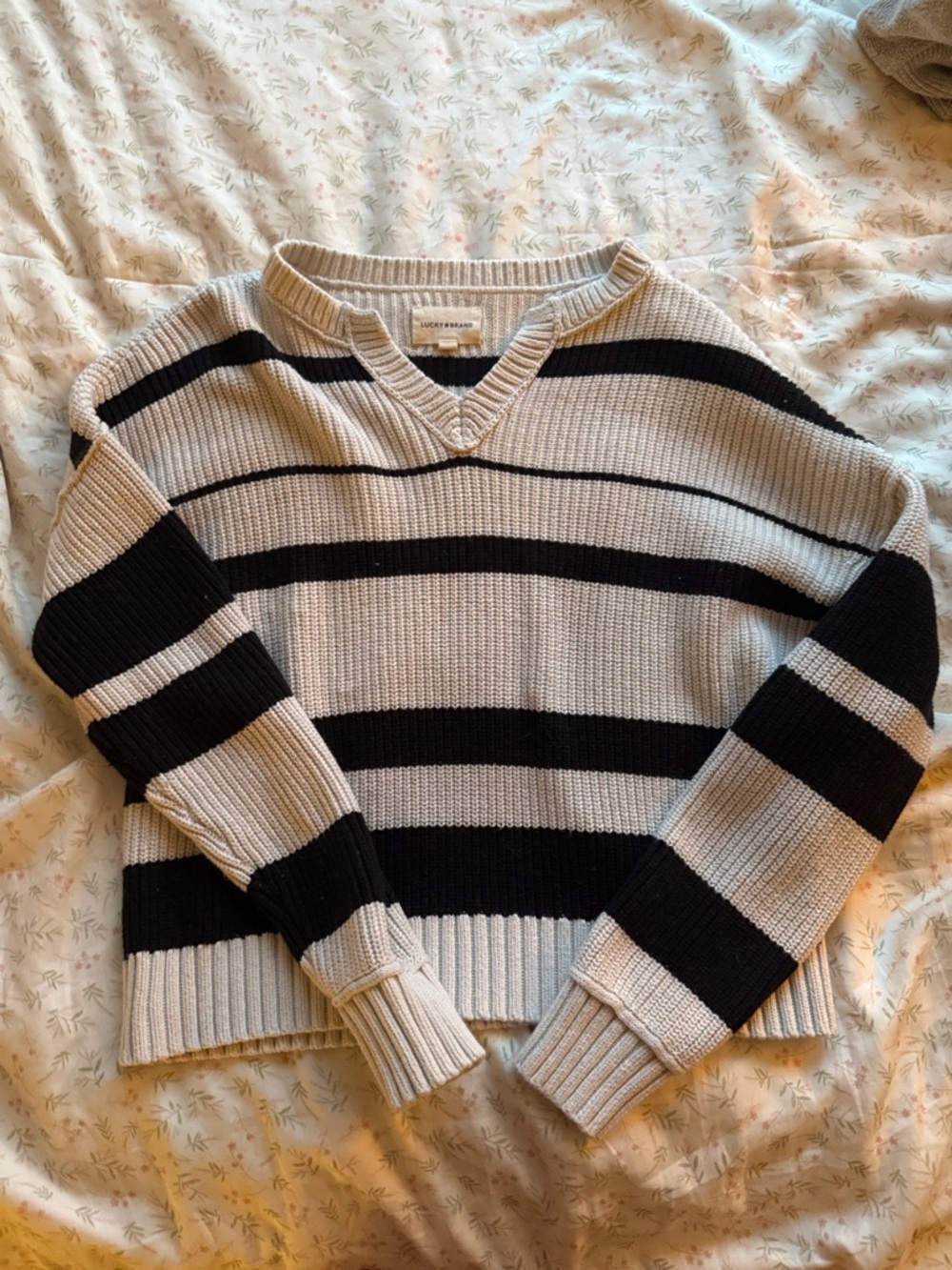 Lucky Brand Striped V-Neck Sweater - Black & Cream